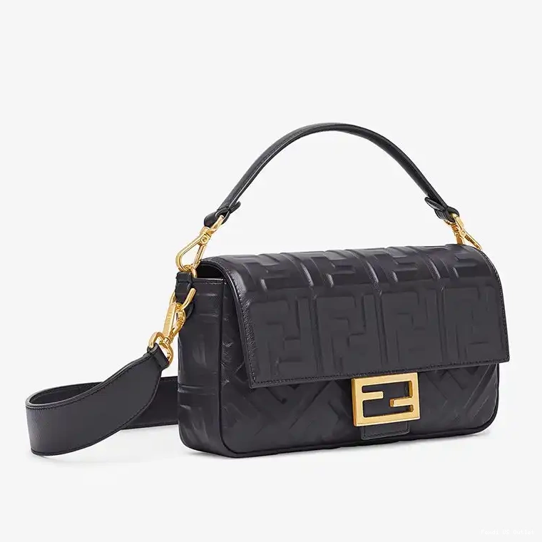 Affordable HOT Nappa Baguette Bag Motif In Leather Medium FF Fendi Black 0629